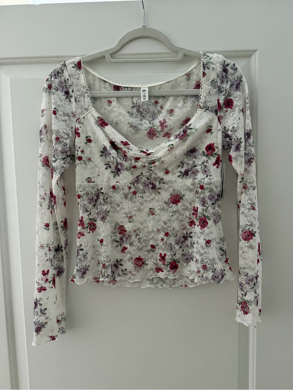 bp Floral Lace Long-Sleeve Cowl Neck Top - White with Pink & Purple Flowers